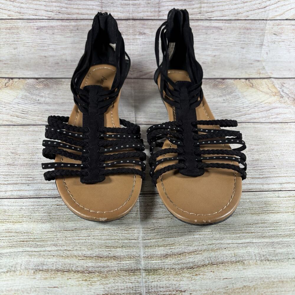 American Eagle Black Strappy Flat Sandals Womens Size 10 Zip Back